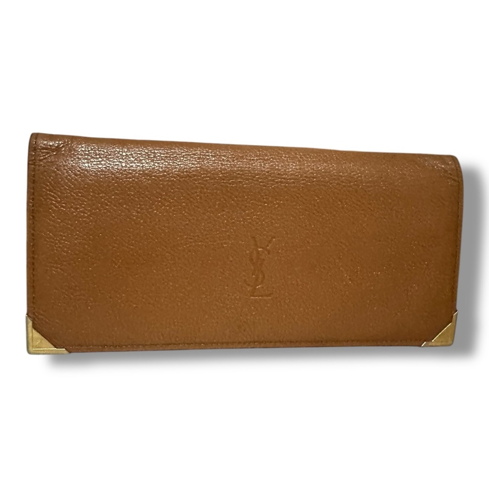 Authentic VTG SAINT LAURENT YSL leather Checkbook Holder Long Wallet On Chain